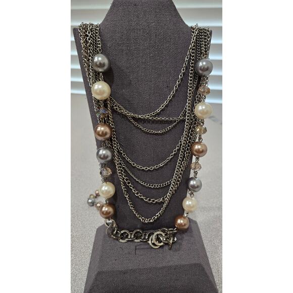 Silver Chain W/White Gray Round Beads Multi Strand Necklace - Picture 1 of 4